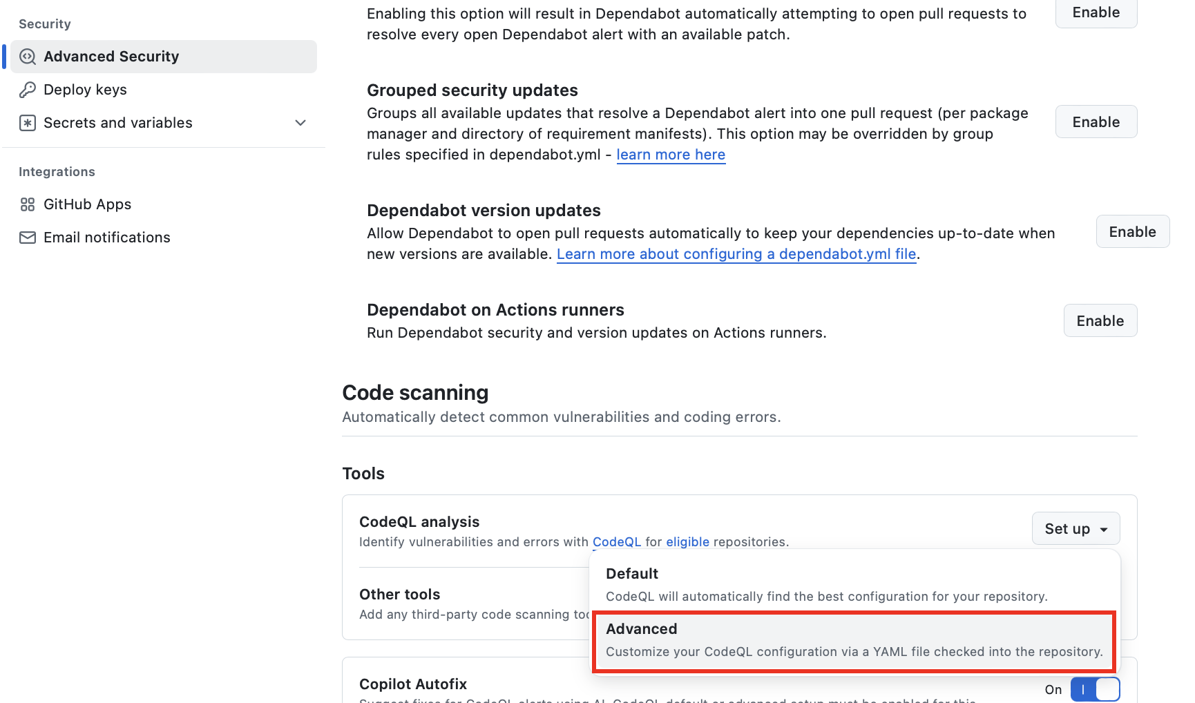 CodeQL Advanced settings